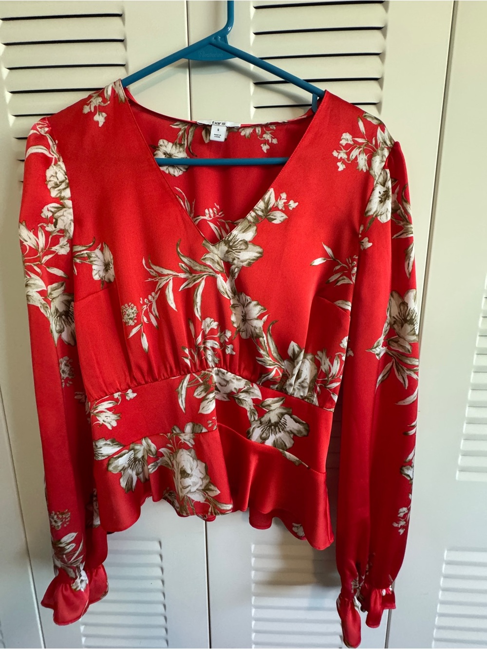 Bar III Red Floral Wrap Peplum Top
